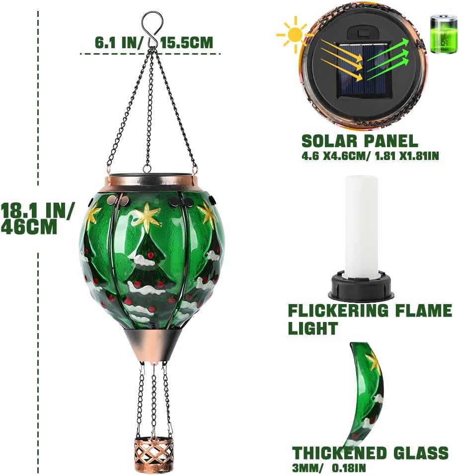 Solar Powered Hot Air Balloon Lantern - Christmas Tree Glass Lantern, Simulated Flickering & Dancing Flame, Outdoor Hanging Yard Light Waterproof IP65 for Patio Lawn Porch New Year Decor Gift