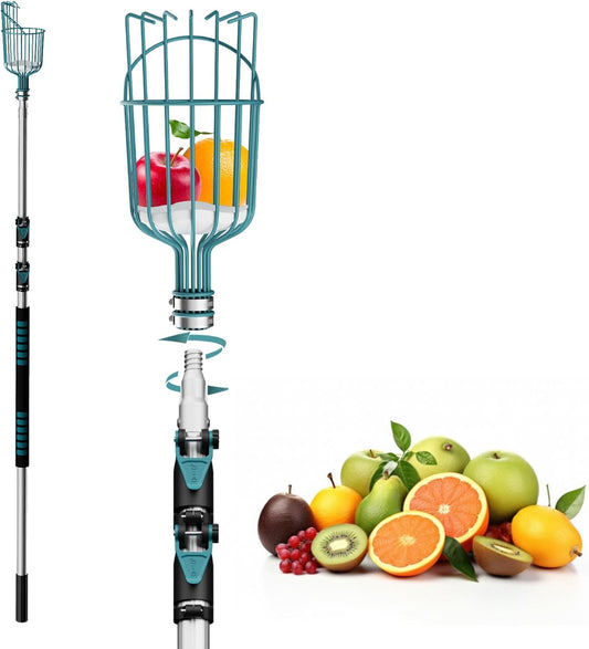 12FT Telescoping Fruit Picker (20+ Foot Reach) | Lightweight High-Grade Aluminum Extension Pole with Easy Attach Twist-On Apple Basket | Durable Fruit Picking Tool