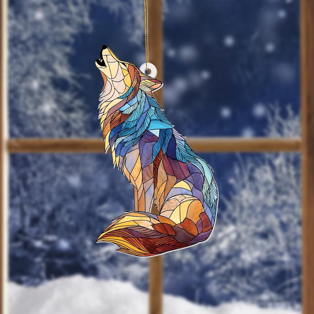 Wolf Stained Glass Ornament, Howling Wolf Window Hanging Acrylic Suncatcher, Wildlife Animal Decor for Home, Car Mirror, Office, Collectible Ornament Gift for Wolf Lovers (Sun-09)
