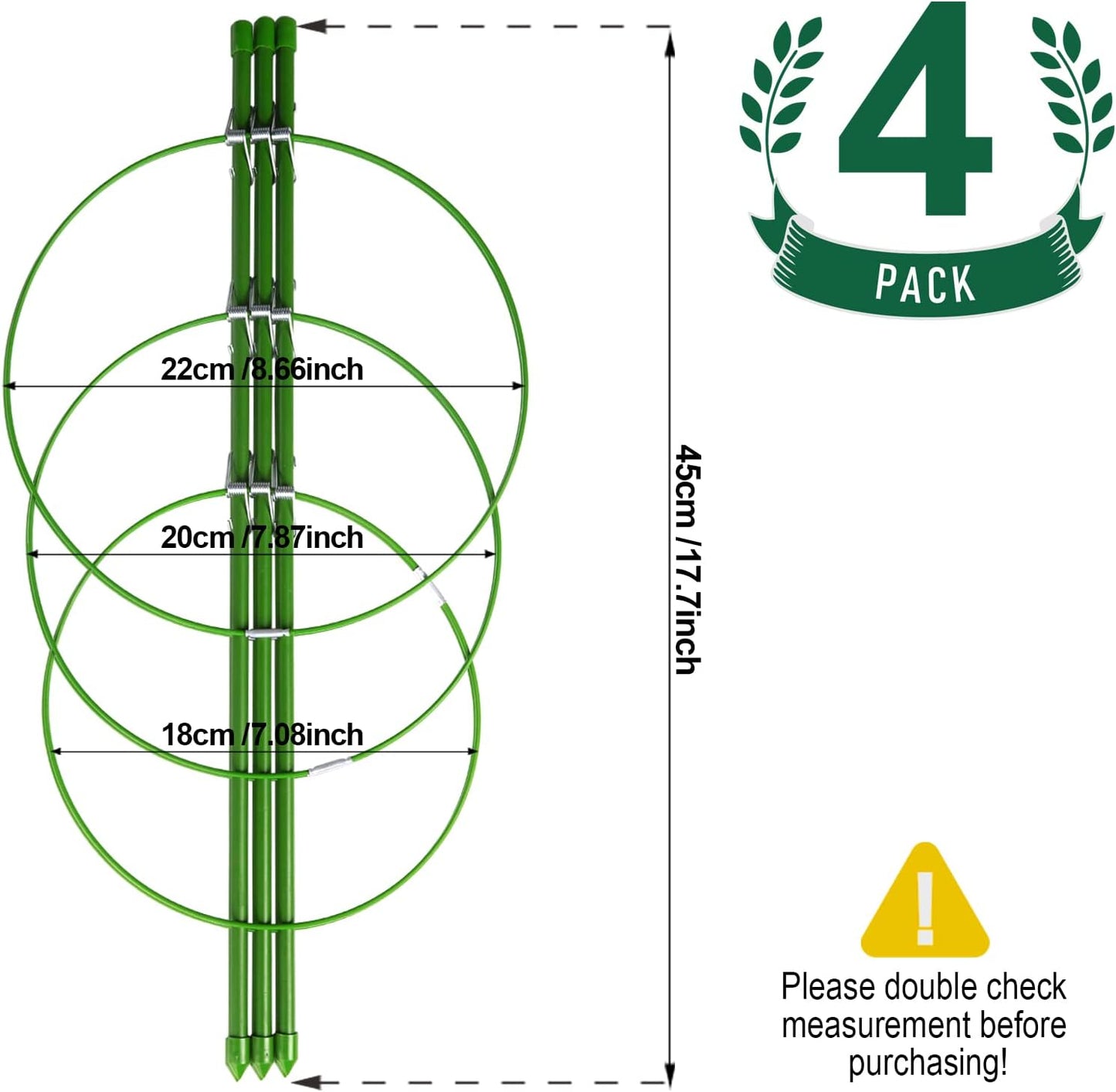 LEOBRO 4 PCS Plant Support Cages, Tomato Cages, Metal Garden Plant Support Ring, Plant Trellis, Plant Stakes for Tomato, Climbing Plant, Flower, Seedlings, 17.7" High, 7.1"/7.87"/8.66" Inner Diameter