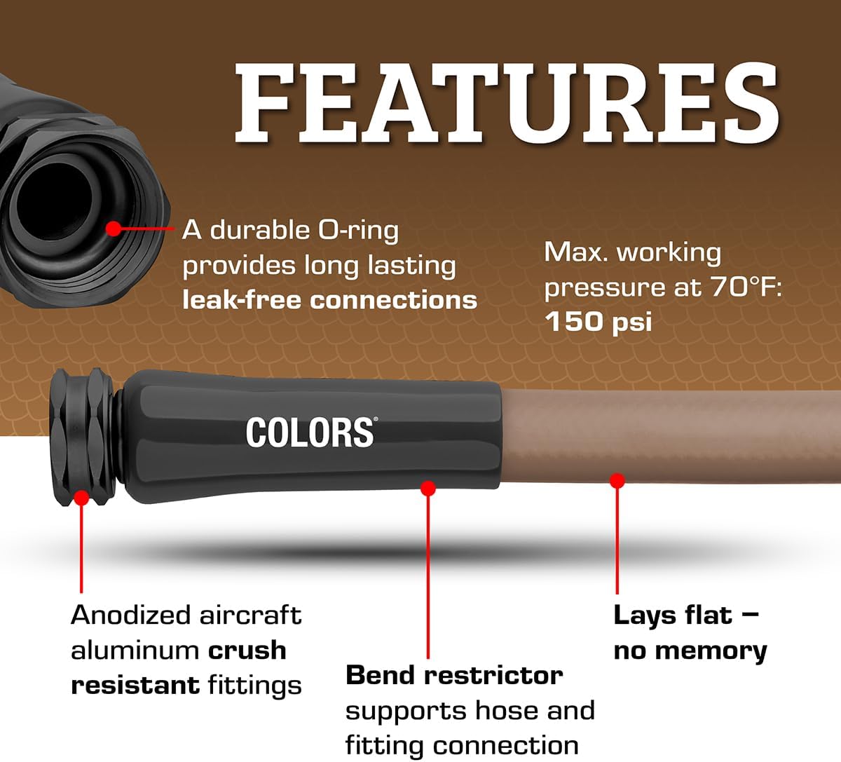 Flexzilla Colors Lead-In Garden Hose 5/8in. x 10ft., Lightweight All-Weather Water Hose, Durable and Flexible, Leak-Free Connections, Brown Mulch
