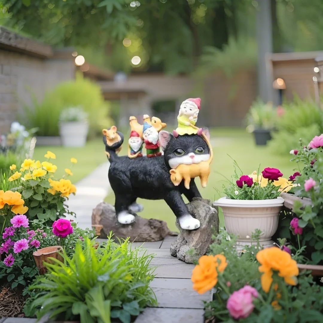 Cat Garden Gnome Statue - 9 "Lawn Decoration - Suitable for Patio, Balcony, Yard Decoration - Unique Housewarming Gift, Gift for Lover Mom Women Grandma,Halloween Cat Statue