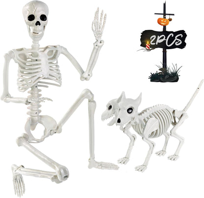 YUJUN 36'' Halloween Skeleton Decoration with 2Head Dog Skeleton, Full Body Posable Skeleton Realistic Plastic Bones Movable Joints for Halloween Party Yard Haunted House Props Indoor Outdoor Decor