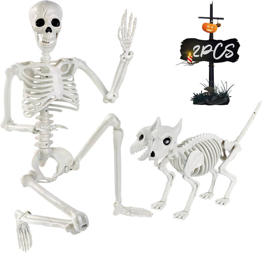 YUJUN 36'' Halloween Skeleton Decoration with 2Head Dog Skeleton, Full Body Posable Skeleton