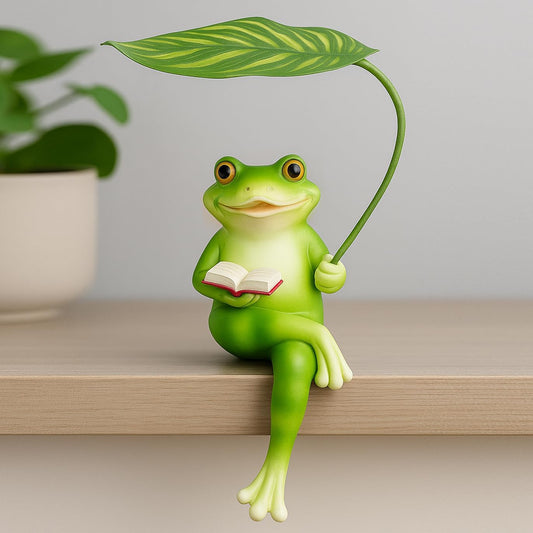 OwMell Frog Statue for Garden, Green Frog Figurine for Outdoor Decor Yard and Garden Decoration Resin Sculpture 6 Inches - Book & Leaf