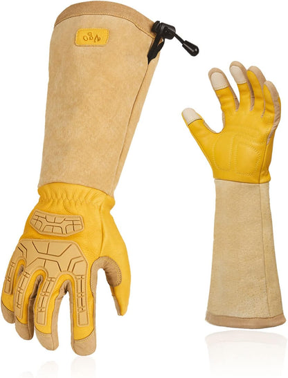 Vgo... Safety Work Gloves Men,Extra-long Cuff Thornproof,Premium Cow Grain Leather,Anti-abrasion, Anti-Impact,Gardening(1 Pair,Size M, Gold, CA9659)
