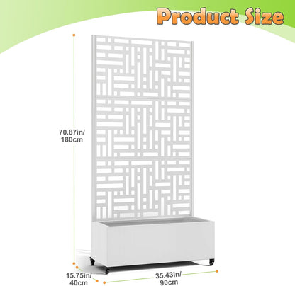 Metal Raised Garden Bed with Trellis, 2-in-1 Planter Box & Privacy Screen for Climbing Plants, Outdoor Standing Flower Bed with Drainage Holes, 35.4" L x 15.7" W x 70.1" H, White-Helen