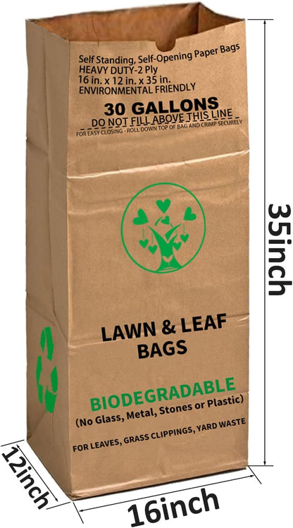 30 Gallon Heavy Duty Brown Paper Lawn and Leaf Bags with 22 GAL Dustpan-Type Bag and Leaf Scoops| 2-Ply Large Kraft Paper Bags (10 Count) | Tear Resistant Yard Waste Bag for Home and Garden