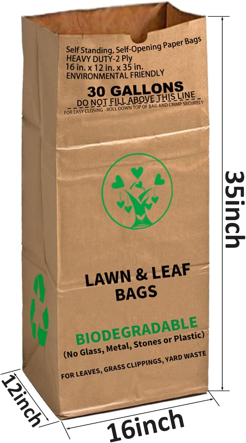 10 Count 30 Gallon Lawn and Leaf Bags with Gardening Gloves, 2-Ply Heavy Duty Large Kraft Paper Bags | Tear Resistant Yard Waste Bag for Grass Clippings, Wet and Dry Leaves, Weeds, and Twigs