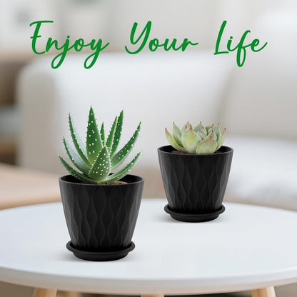 4 inch Plant Pots, 5 Pack Flower Pots Outdoor Indoor, Planters with Drainage Holes and Tray Saucers(Black)