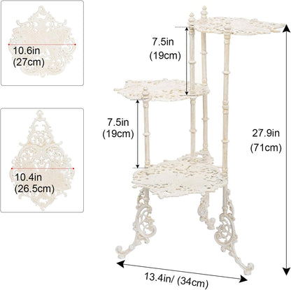 Sungmor Vintage Cast Iron 3-Tier Plant Stand, Elegant Butterfly & Floral Design with Antique White Finish, 28 Inch Tall Rustic Flower Pot Holder, Heavy Duty Metal Display Shelf for Indoor and Outdoor