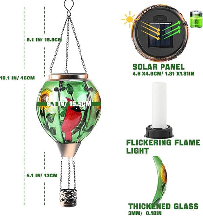 Hot Air Balloon Solar Lantern - Cardinal Bird Glass Lantern, Simulated Flickering & Dancing Flame, Outdoor Hanging Yard Light Waterproof IP65 for Patio Lawn Porch Decor Gift