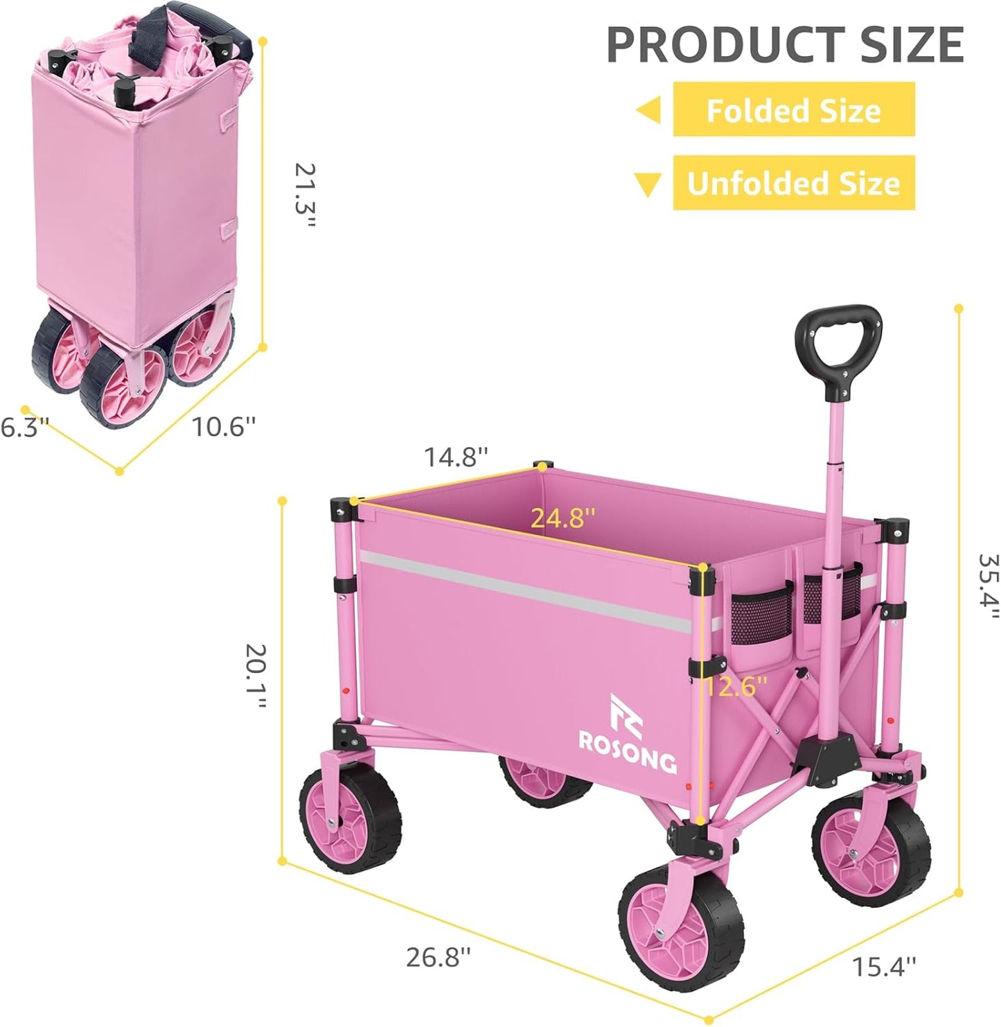 Collapsible Wagon Cart with Wheels Foldable - Folding Utility Heavy Duty Wagons Carts for Grocery Sports Garden Shopping Camping Wheelbarrows (Pink, 90L)