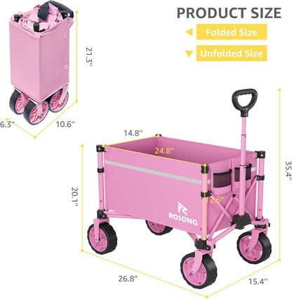 Collapsible Wagon Cart with Wheels Foldable - Folding Utility Heavy Duty Wagons Carts for Grocery Sports Garden Shopping Camping Wheelbarrows (Pink, 90L)