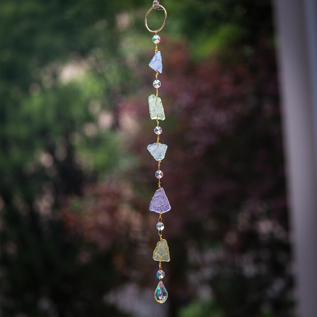 Suncatchers Sea Glass Wall Hanging Handcrafted Blue Seaglass Hanger Ocean Decor Garden Sun Catchers with Sea Glass Rainbow Maker Indoor Outdoor Decor Handmade
