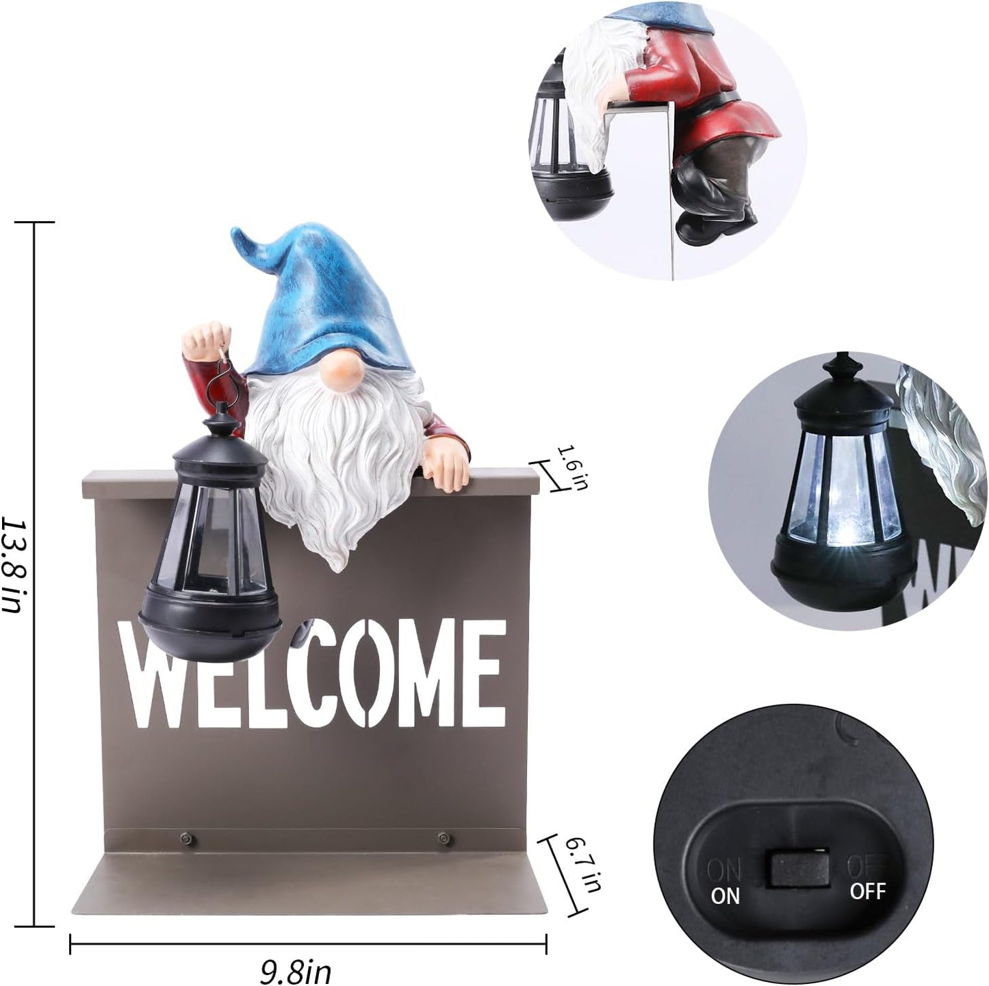 Garden Gnome Statues Outdoor Decor, Solar Gnome Sculpture Holding Lanterns Garden Gnomes Outdoor Decorations with Welcome Fence Base for Patio, Lawn, Yard Ornaments, Housewarming Gifts