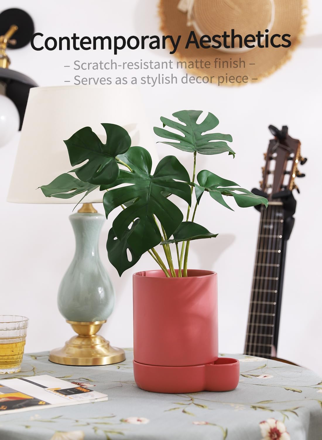 5.5 Inch Ceramic Self Watering Planters with Absorbent Cotton Rope, Cylinder Round Flower Pot for Succulent, Herbs, African Violets, Pink, 1 Pack