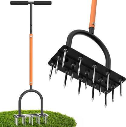 Lawn Aerator Spike Tool - Manual Grass Aerator with 15 Iron Spikes, Pre-Assembled Yard Aerator for Core Aeration, Dethatching, Heavy Duty T-Handle & Wide Foot Plate for Lawn Yard & Garden (Orange)