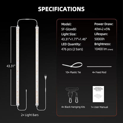Spider Farmer Glow80 LED Grow Lights, 3.6ft Sunlike Full Spectrum Waterproof Plant Growing Lamp Linkable for Indoor Plant Shelves Seedling Veg Flower Hydroponic Greenhouse