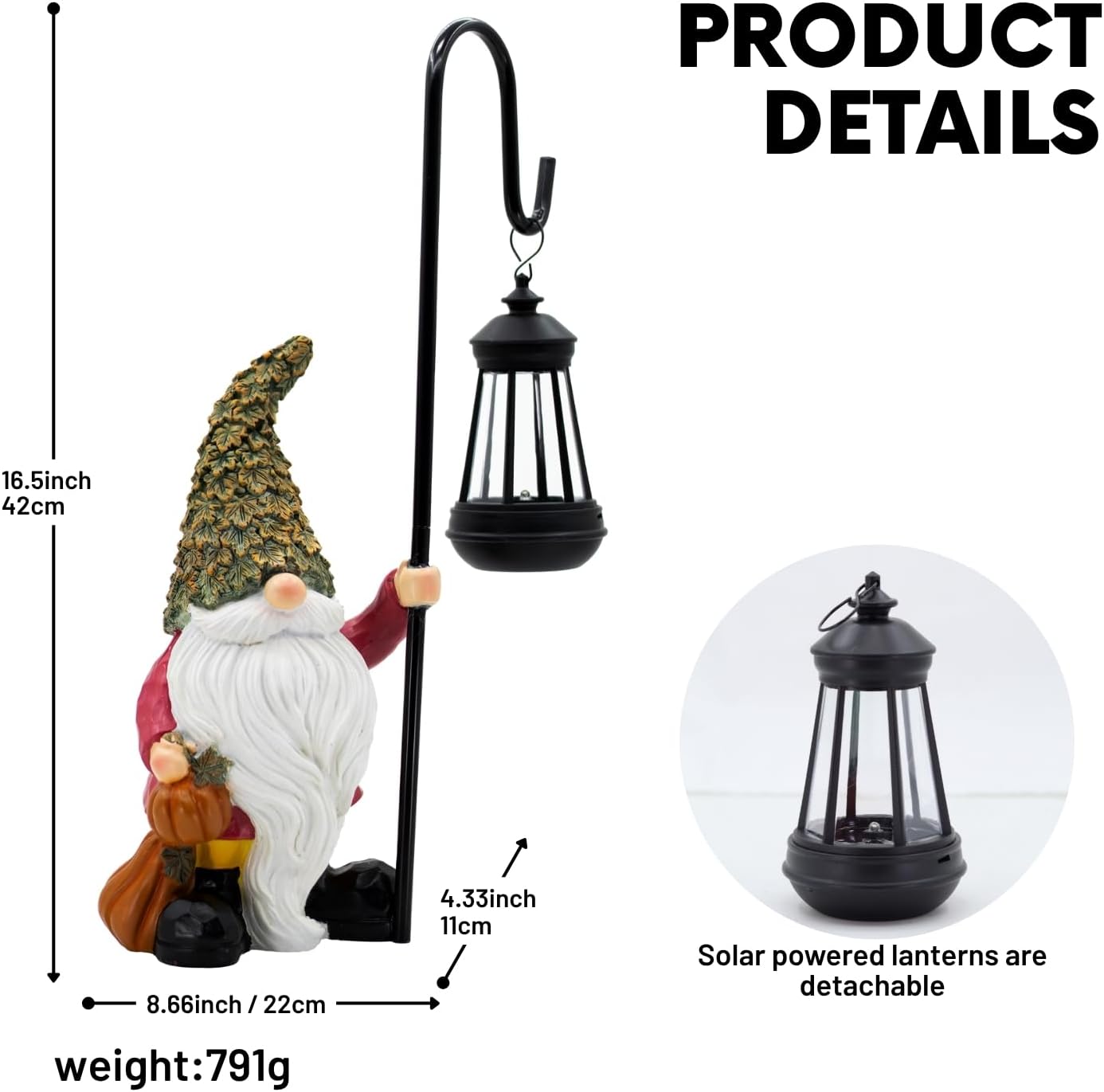 Garden Gnome with Solar Lantern, Maple Leaves Hat, Outdoor Garden Figurine Lights, Unique Gift for Women, Mom, Friends (Maple Leaves Gnomes)