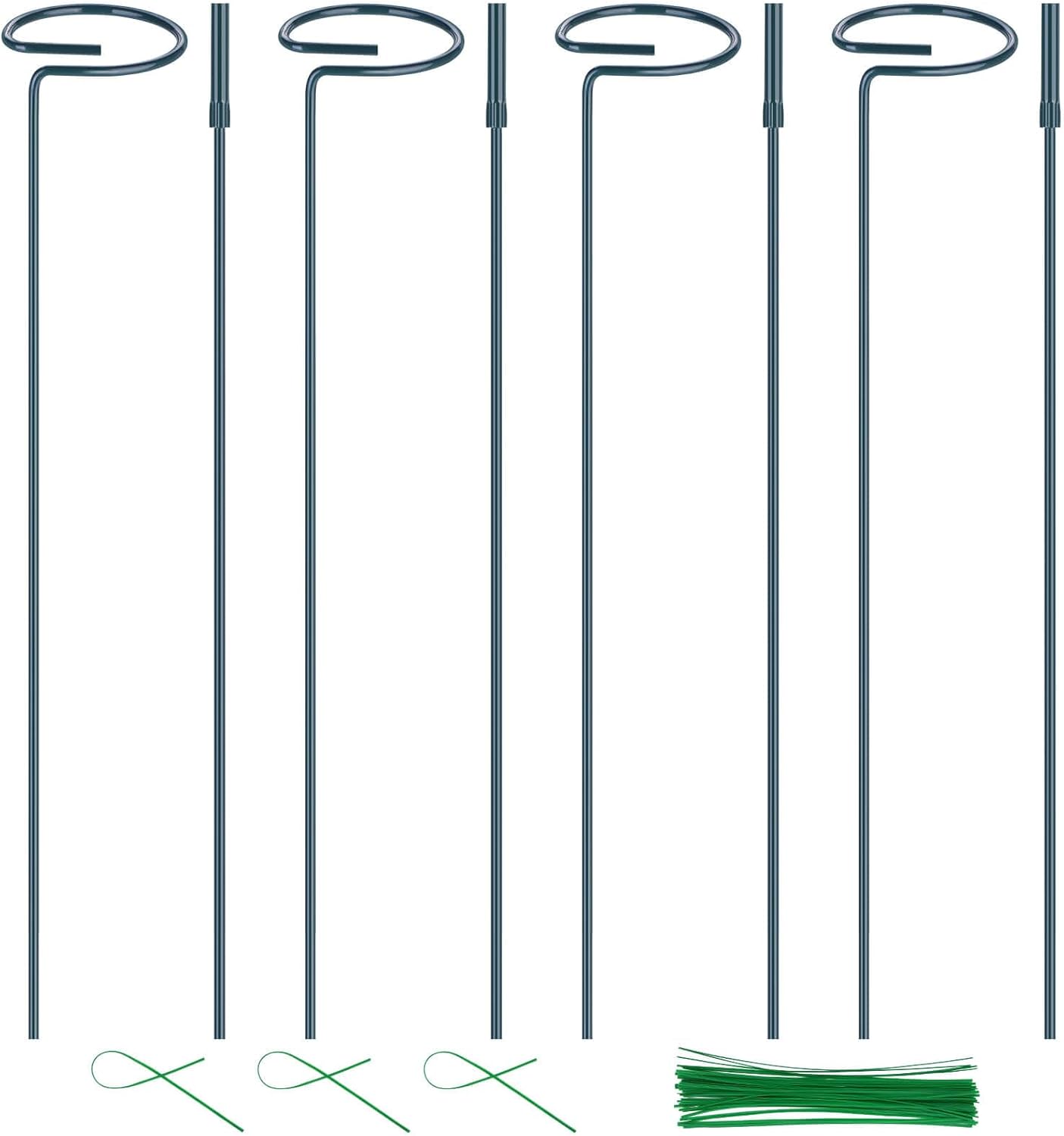 4 Pack Plant Support Stakes, 16/32 Inch Garden Stakes for Plants, Plant Accessories with 50 PCS Twist Ties for Indoor Outdoor Potted Tomato Vegetables Amaryllis Monstera Rose Peony Marigold