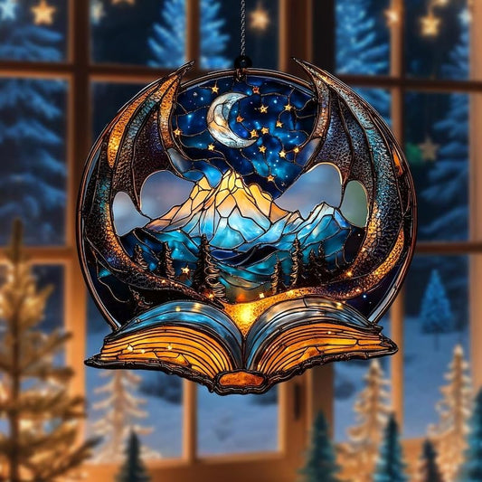 Dragon and Books Bookish Acrylic Suncatcher Stained Glass Effect Window Car Hanging Christmas