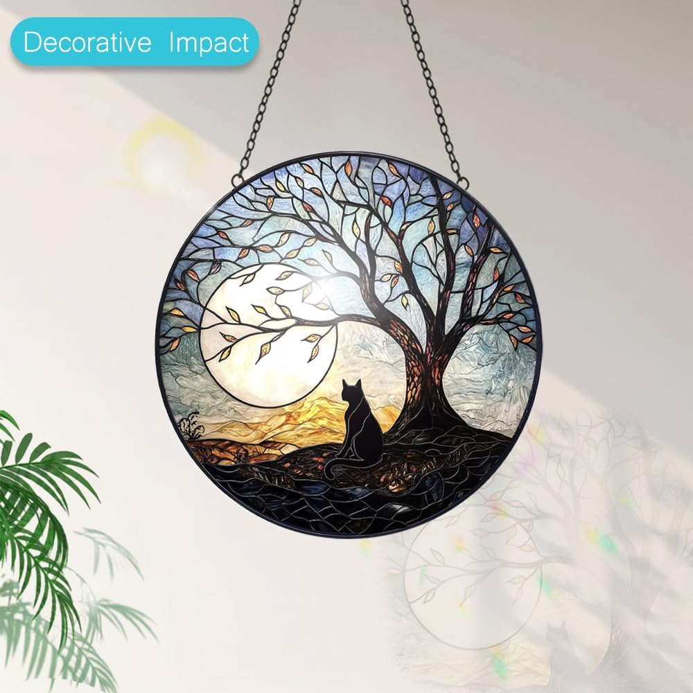 Halloween Decorations Black Cat Suncatcher Stained Glass Window Hanging - 8” Tree and Moon Stained Glass Suncatchers for Windows Decor Glass Panels - Sun Catchers Memorial Gift for Lover Cat Loss