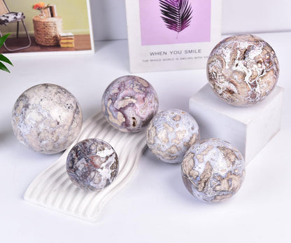 JIC Gem Large Blue Cherry Blossom Agate Crystal Ball with Stand Crystal Sphere Natural Sakura Flower Agate Stone Reiki Healing Meditation Witchcraft Home Decor 2.7-3.1 inch(70-80mm)