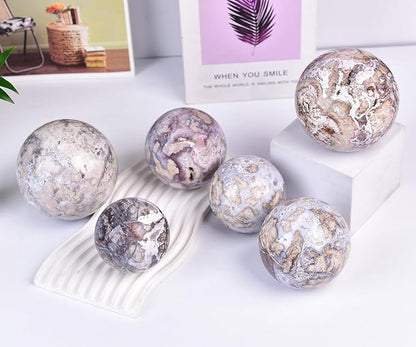 JIC Gem Large Blue Cherry Blossom Agate Crystal Ball with Stand Crystal Sphere Natural Sakura Flower Agate Stone Reiki Healing Meditation Witchcraft Home Decor 4 inch(100mm)