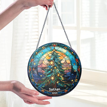 Personalized Stained Glass Christmas Tree Suncatcher, Christmas Handcraft Holiday Ornament with Name and Number, Gift for Family or Friend, Gift for Décor