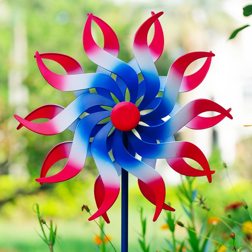 Wind Spinners Outdoor, 15 Inch Dia Metal Wind Sculpture & Spinner, Red White Blue Patriotic Kinetic Windmill for Garden Yard, 4th of July Independence Day Decor, 58" Tall