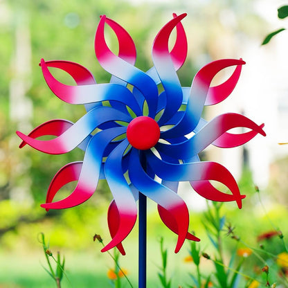 Wind Spinners Outdoor, 15 Inch Dia Metal Wind Sculpture & Spinner, Red White Blue Patriotic Kinetic Windmill for Garden Yard, 4th of July Independence Day Decor, 58" Tall