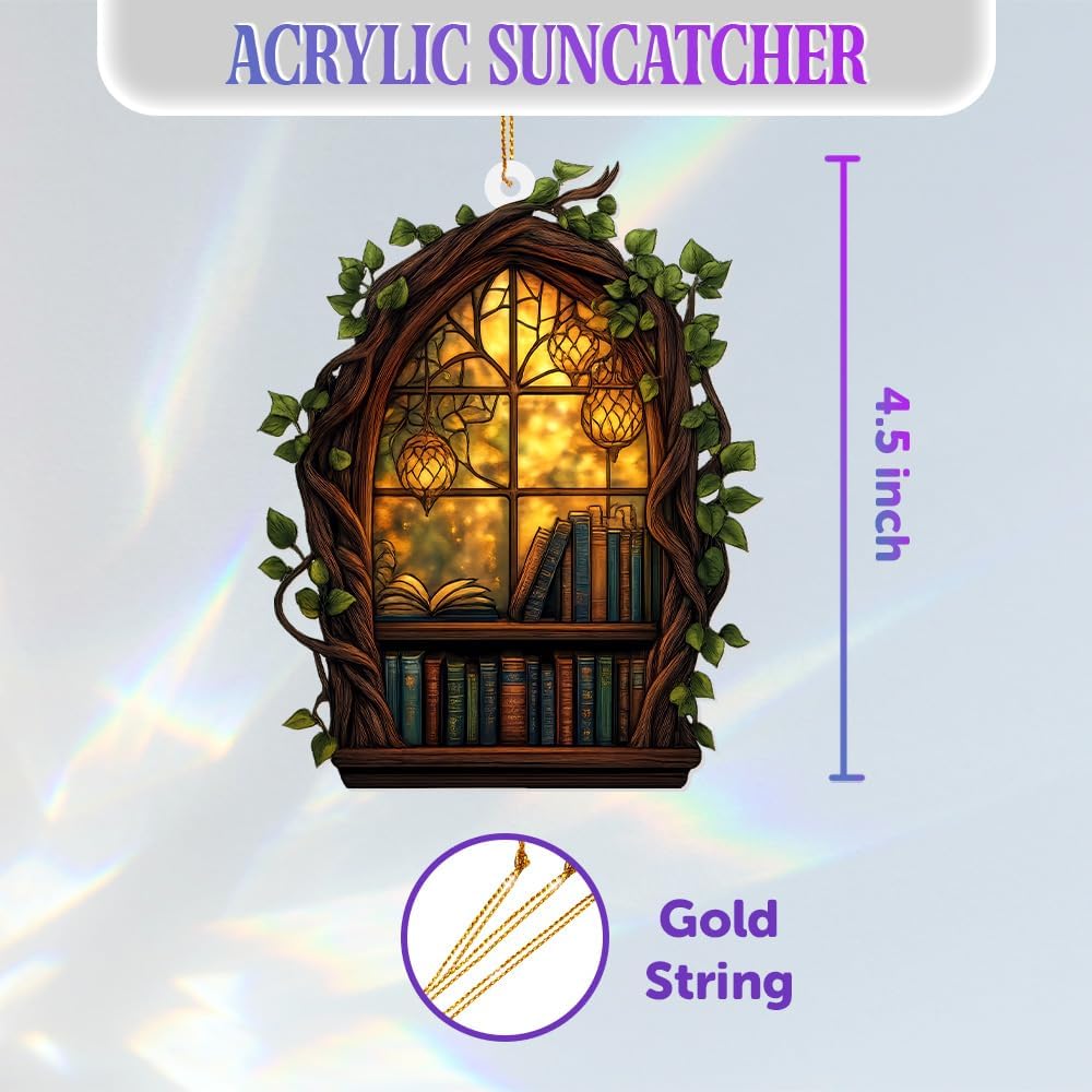 Gothic Window Book Ornament – Stained Glass Style Acrylic Christmas Ornament with Books & Ivy, Fantasy Home Décor, Book Lover Gifts for Women, Teacher & Librarian Holiday Decoration(Sun-19)
