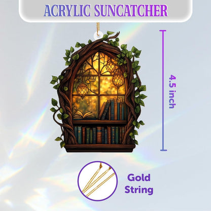 Gothic Window Book Ornament – Stained Glass Style Acrylic Christmas Ornament with Books & Ivy, Fantasy Home Décor, Book Lover Gifts for Women, Teacher & Librarian Holiday Decoration(Sun-19)