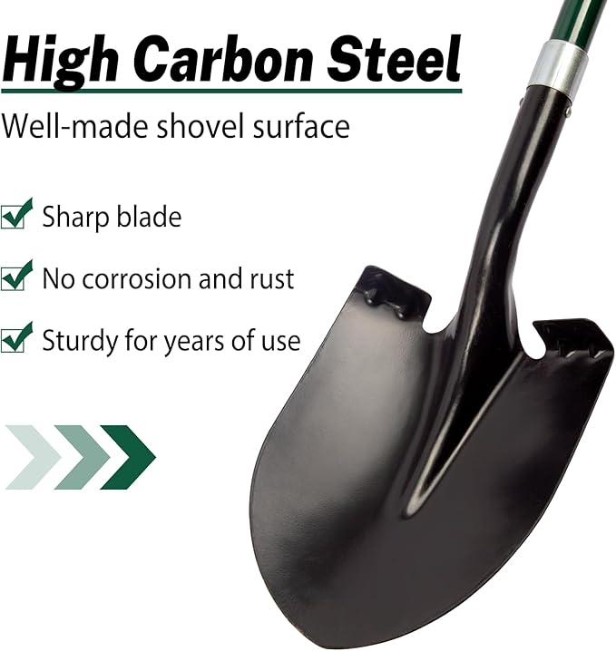 VNIMTI Heavy Duty Gardening Shovel, 56 Inch Round Blade with Fiberglass Handle (Green)