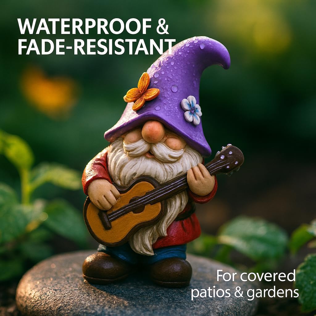 Musical Gnome Figurine with Guitar – Handcrafted Resin Garden or Shelf Decoration, 6.2" Tall Whimsical Gnome Statue with Purple Hat, Flowers & Butterfly, Gift for Music Lovers (Purple)