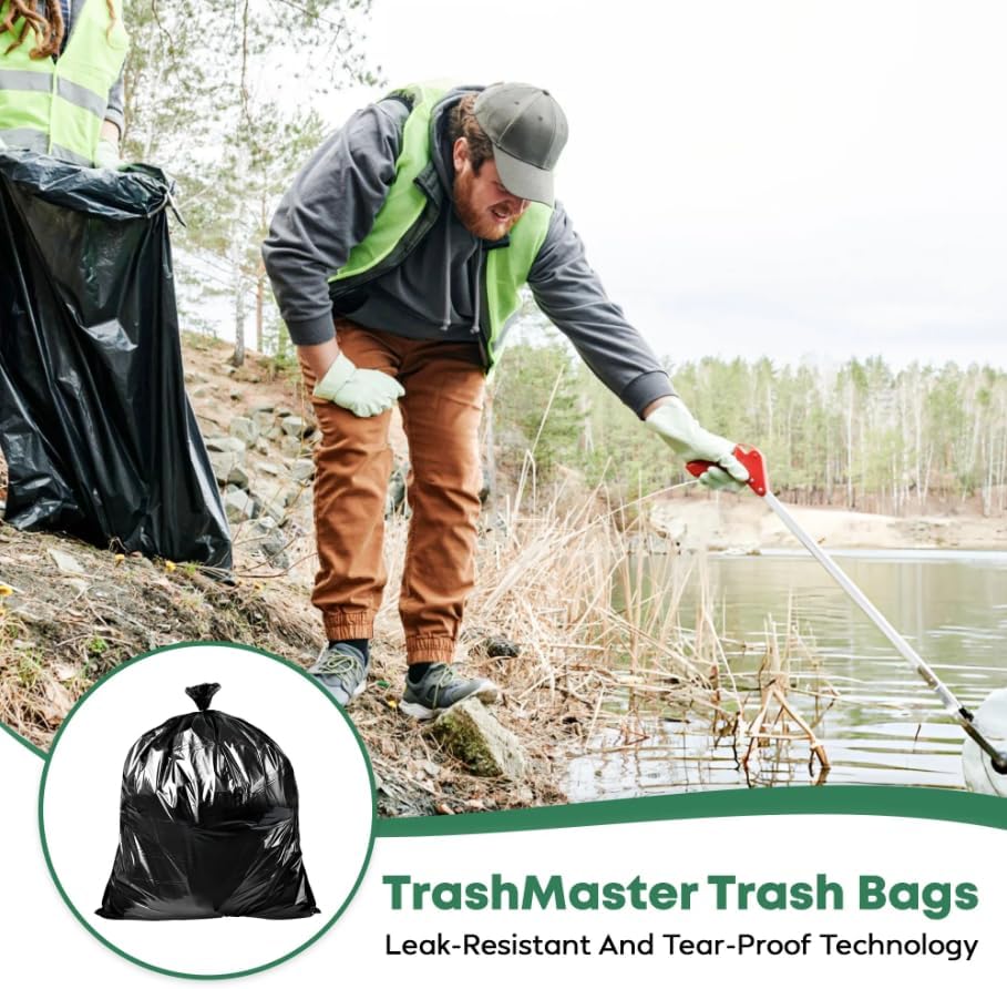 65 Gallon Contractor Heavy Duty Garbage Bags | 50 Bags w/Ties | X-Large 3 MIL Thickness | For Large Commercial Jobs | Construction Clean Up | Trash bags for Yard Clean up - TrashMaster (50)