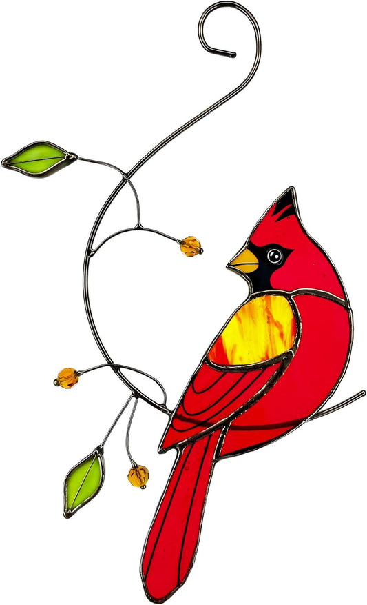 Red Cardinal Stained Glass Bird Suncatcher for Mom, Grandma, Women - Real Glass Window Hanging