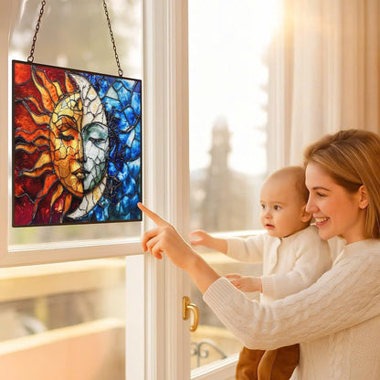 Rectangle Sun and Moon Suncatchers for Windows, Stained Glass Window Hangings,Hand-Painted Glass Panel Perfect for Home Décor