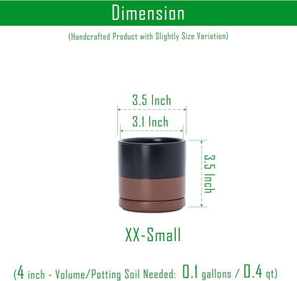 D'vine Dev Set of 4 Small Ceramic Plant Pots, 3.5 Inch Succulent Planter Pot for Plants with Drainage Hole and Saucer, Black/Speckled Tan, 94-X-A-7