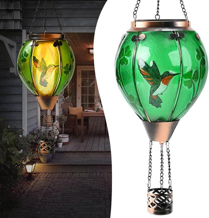 St Patricks Hot Air Balloon Solar Lantern - Patrick's Shamrock Glass Lantern, Simulated Flickering & Dancing Flame, Outdoor Hummingbird Hanging Yard Light for Patio Porch Decor Irish Clover Gift