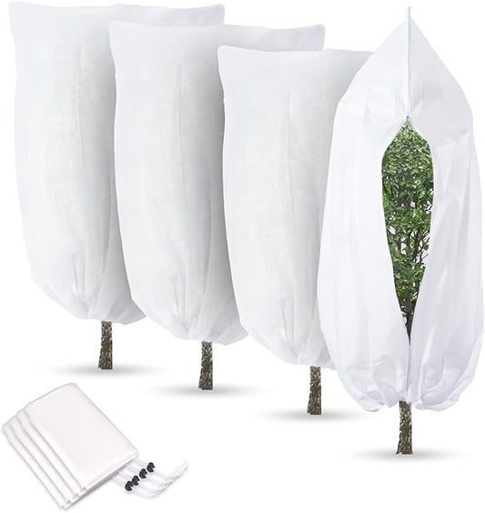 4 Pack Winter Plant Covers Freeze Protection, Frost Covers with Zipper Drawstring, Warm Plant Protection Cover Bags, Outdoor Winter Frost Cold Weather Shrubs Trees Jacket Covers (31.5" x 47.3",White)