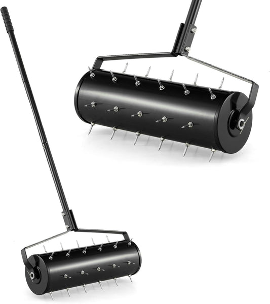 S AFSTAR 21" Manual Lawn Aerator, Heavy Duty Rolling Aerator Lawn Tool Filled Sand Stone with 51" Detachable Handle & Tine Spikes for Soil Loosening, Push Grass Aeration for Garden Yard, Black