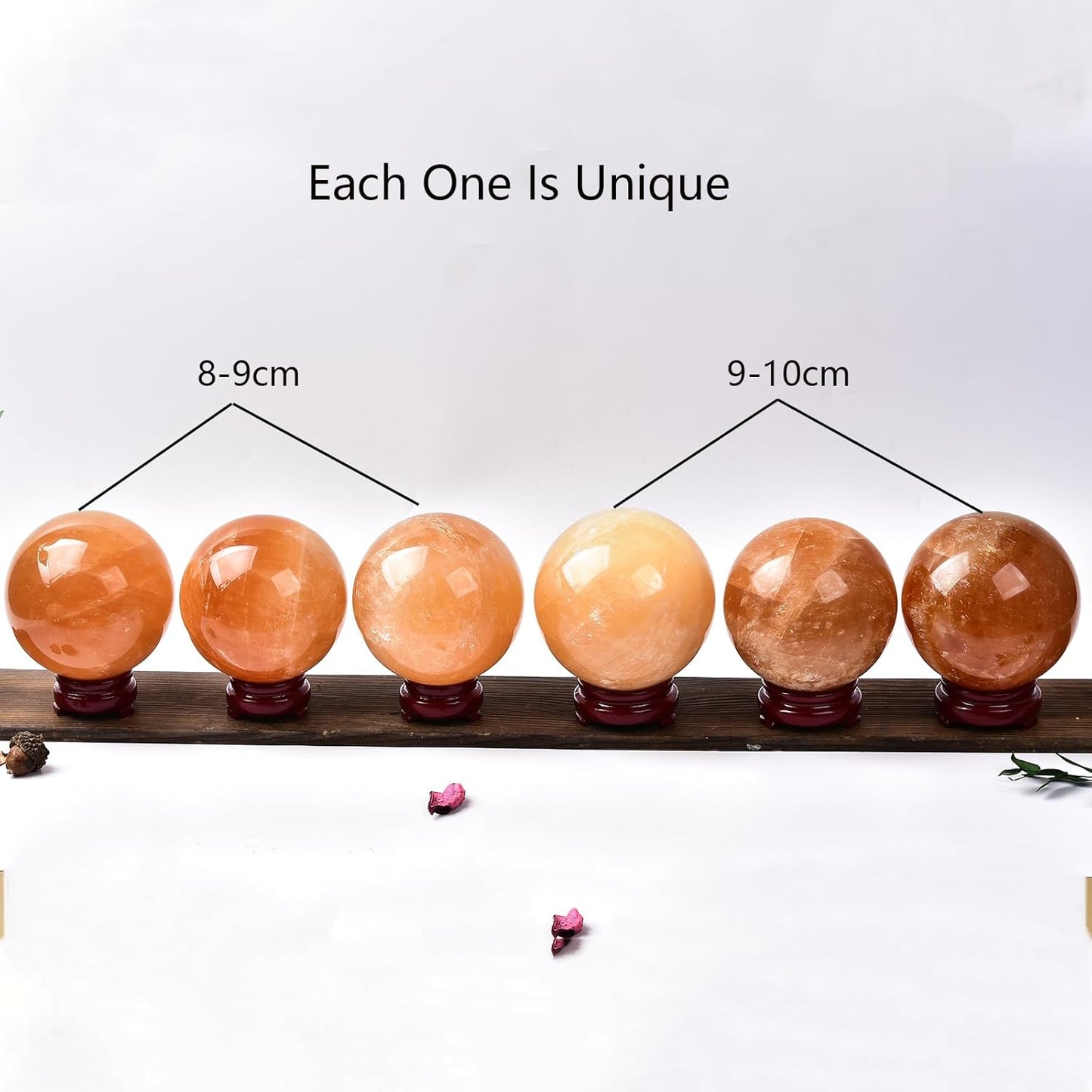 JIC Gem Healing Crystal Ball Stripe Orange Calcite Sphere Ball Decorative Ball with Wood Stand for Fengshui and Decoration (90-100mm)