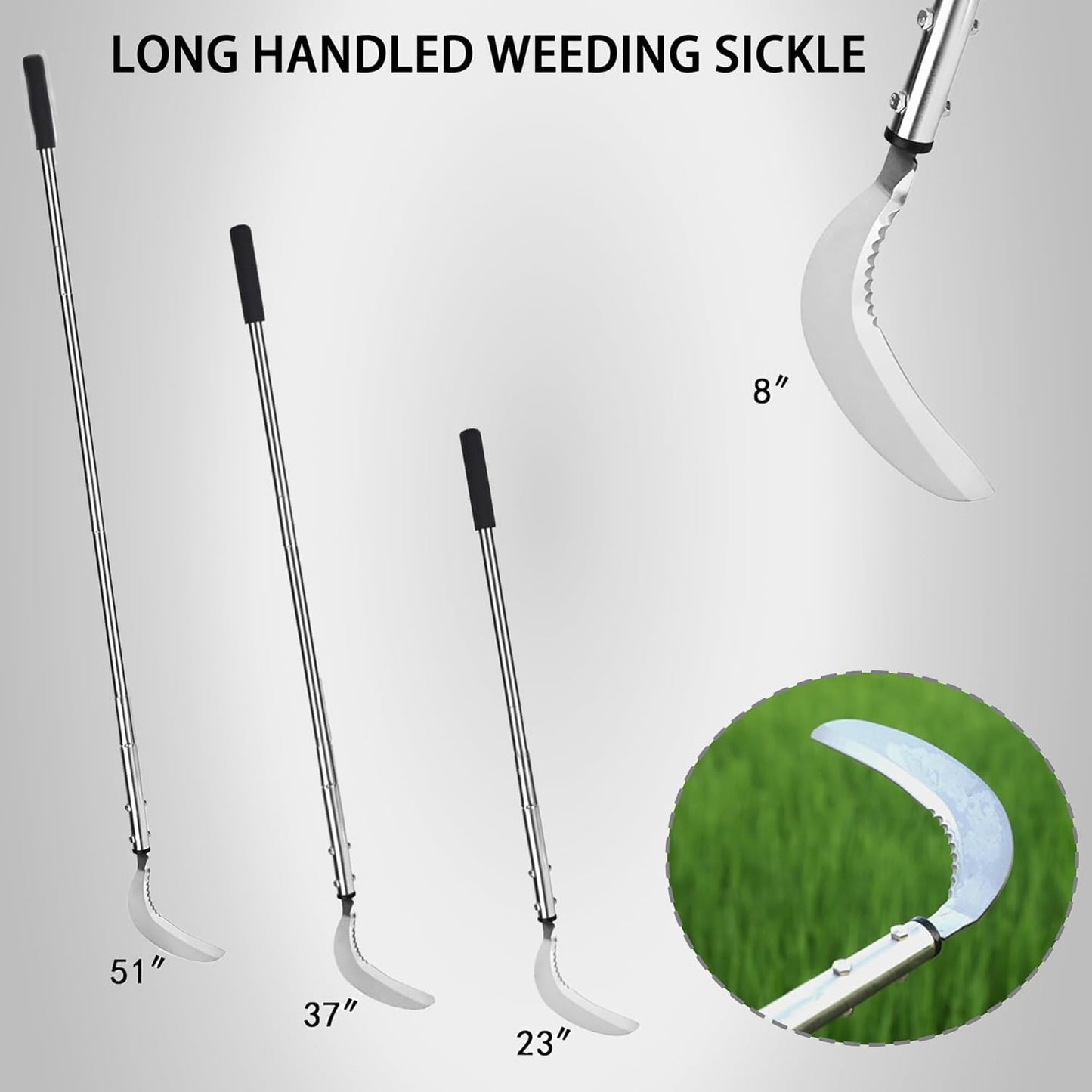 Weeding Sickle, Steel Grass Sickle with Serrated Double-Edged Blade, Telescoping Grass Whip, Stand up Weeding Grass Sickle, Lightweight Sickle Garden Tool Long Handle for Garden, Yard