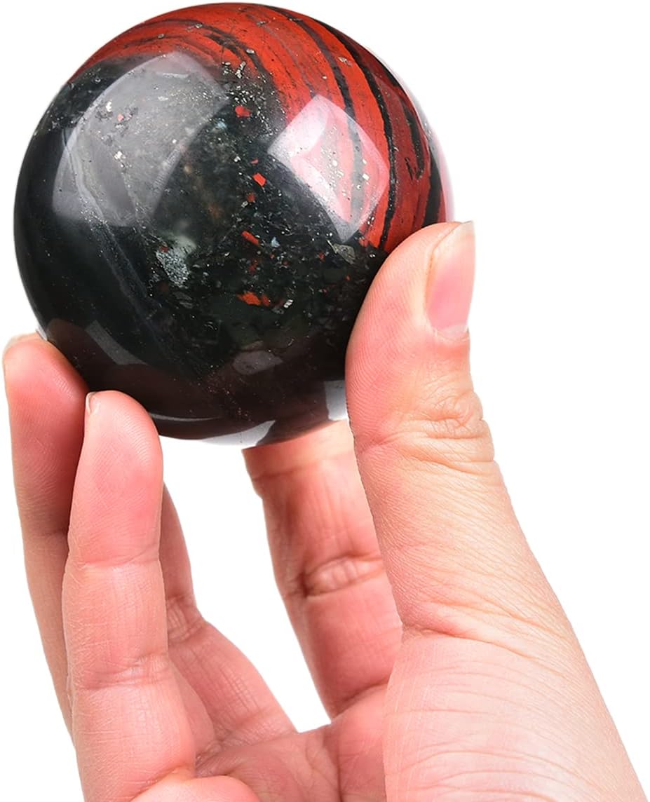 JIC Gem Real Quartz Crystal Sphere Ball African Bloodstone Healing Crystal Ball with Decoation Stand for Fengshui Meditation Ball (60-70mm)