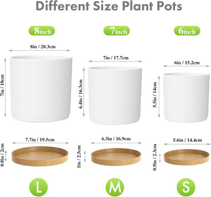 8/7/6 inch Plant Pots, 3 Pack Cylinder Flower Pots for Outdoor Indoor Plants, Decorative Plastic Planters with Drainage Holes and Saucers for Garden House Plants, White with Brown