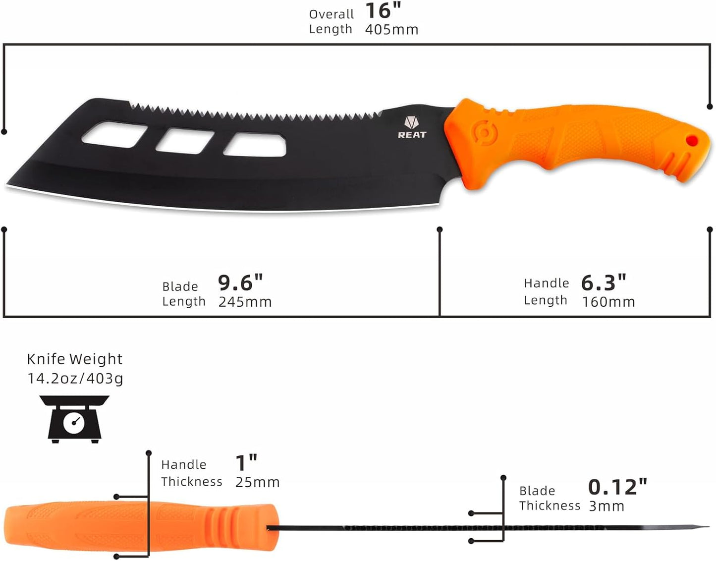 REAT Machete with Saw,16" Heavy Duty Machete with Sheath, Dual-Purpose Gardening Machete Knife for Chopping and Sawing,Ergonomic No-Slip Handle
