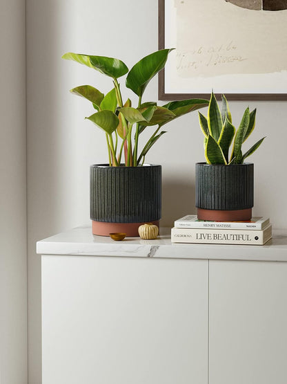 LE TAUCI Ceramic Plant Pots with Drainage Holes, Set of 3, 8+6.7+5.5 Inch Stripe Garden Planter Pots for Outdoor Indoor Plants Flower, Round Succulent Orchid Flower Pot, Reactive Glaze Black