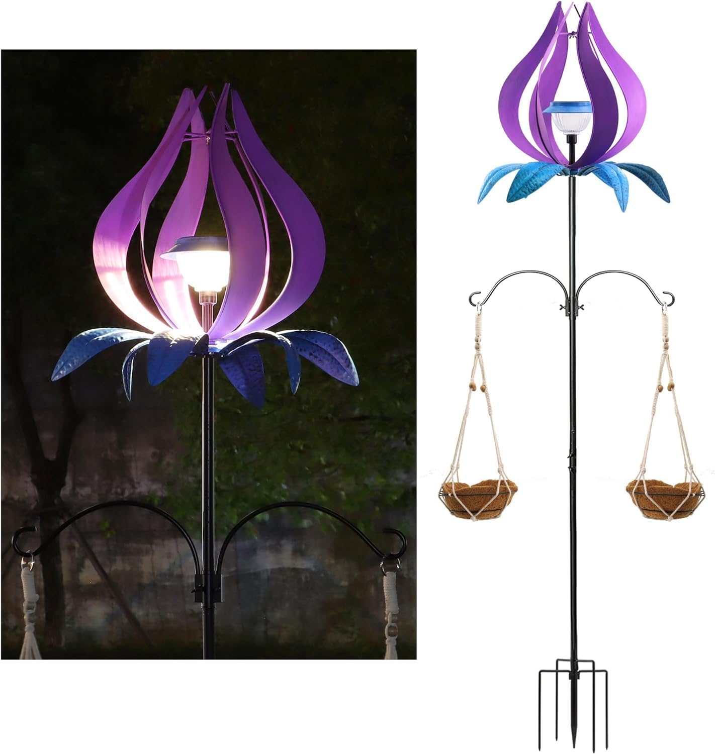 Multifunction Solar Wind Spinner Outdoor with Shepherd Hooks MANORTANG 83 Inch Metal Large Landscape Light Double Coconut Basket LED Windmill Outdoor Decoration for Yard Garden Lawn Patios (Purple)